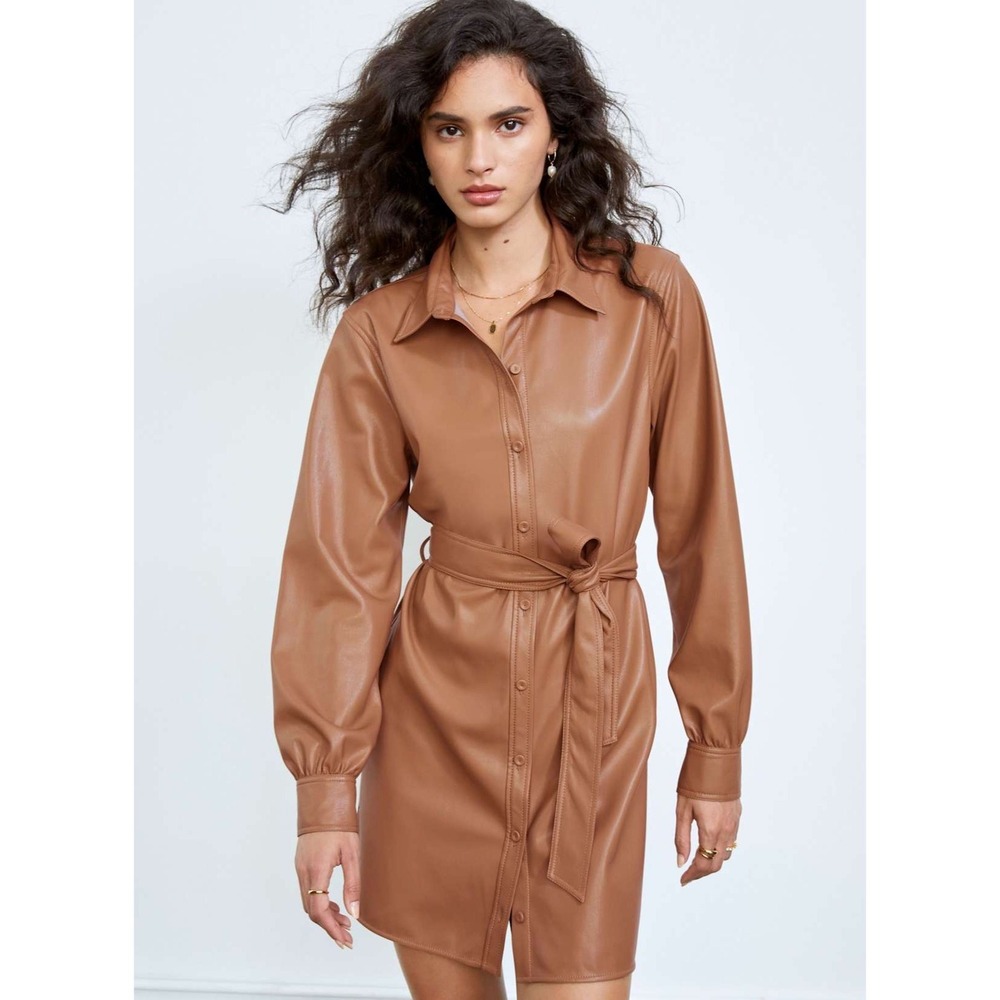 Wilfred Free Faux Leather Shirt Dress Collared Long‎ Sleeve Belted Brown